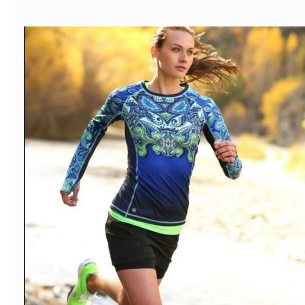 Athleta Runaway Paisley Long Sleeve Running Top Blue Green S Active Performance